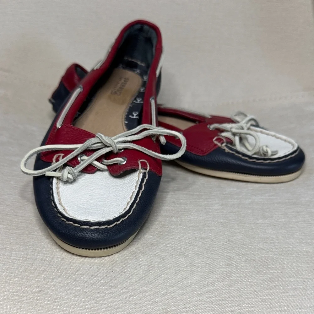 Sperry Nautical Red, White, and Navy Boat Shoes Leather Nautical sz8.5 - Picture 2 of 10